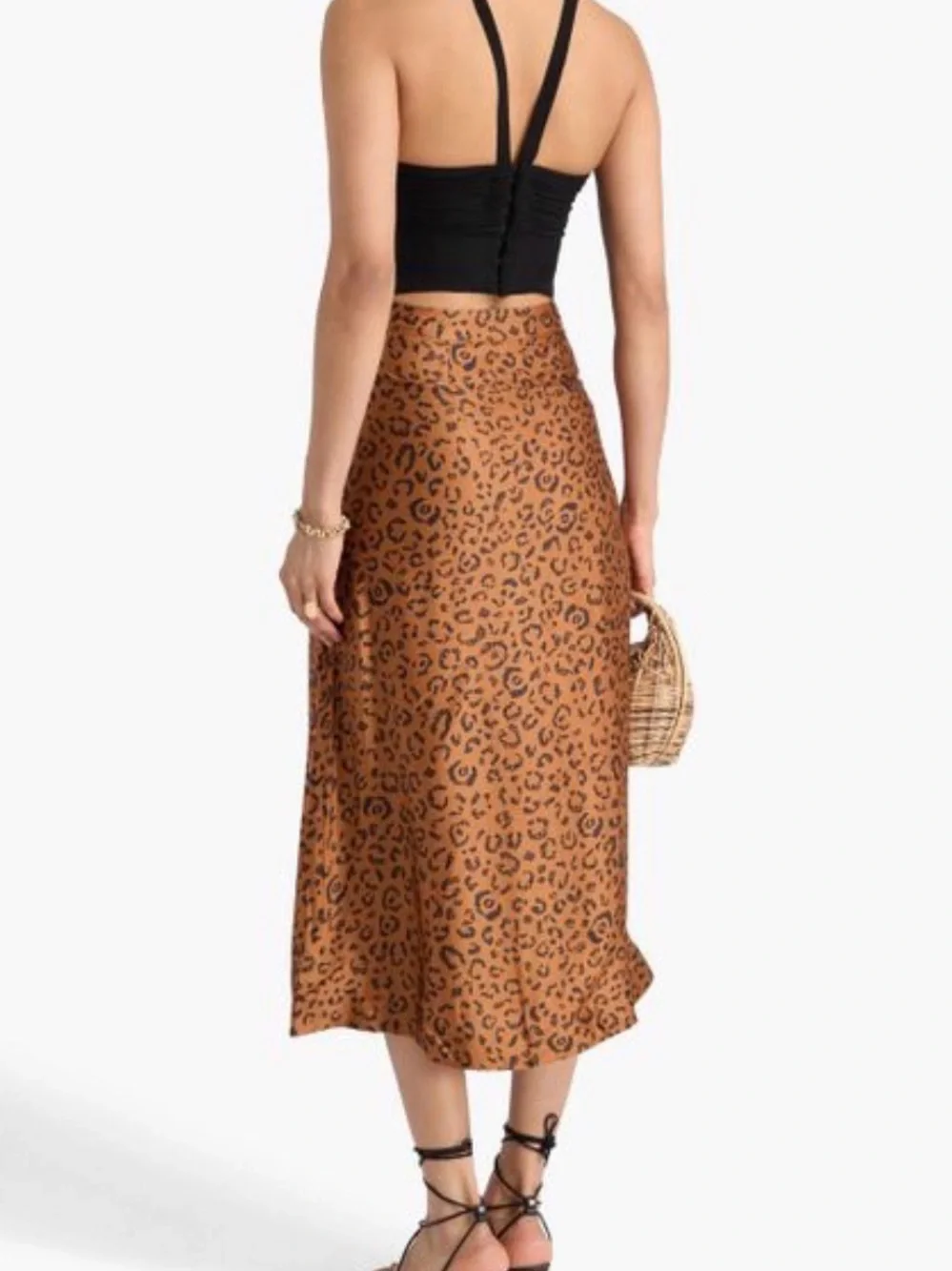 FARM Rio Brown Leopard Satin Midi Skirt